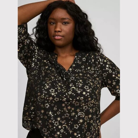 Torrid - Harper 3/4 Sleeve Pullover Blouse in Gold Foil Pointillism Stars - Picture 1 of 15